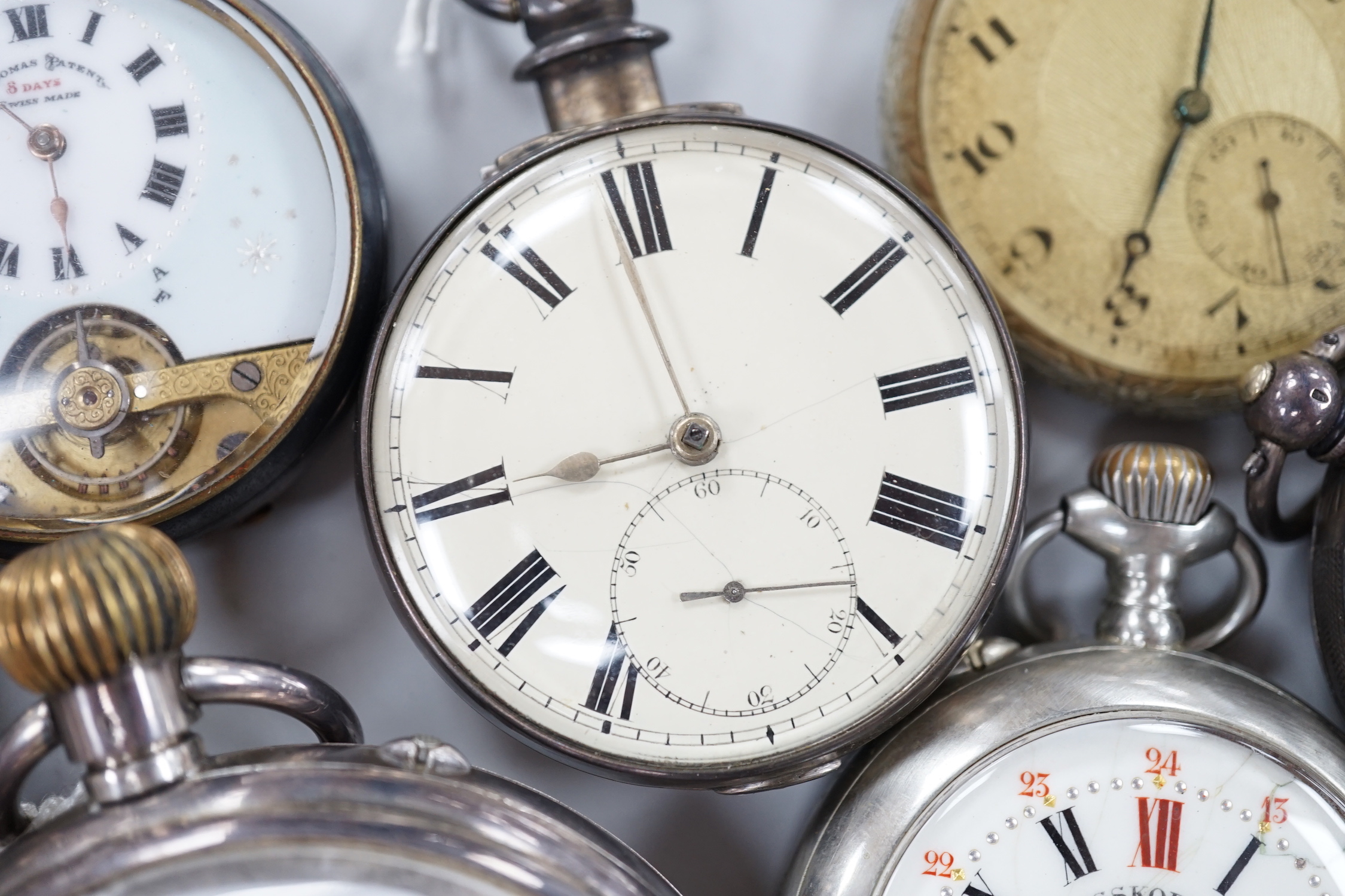 Ten assorted base metal pocket watches including two Goliath one by Bishop of Bournemouth.